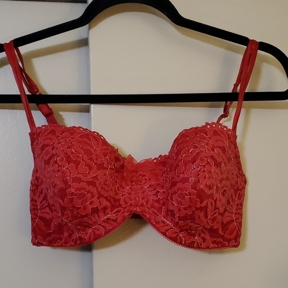 b.tempt'd red and silver floral lace underwire bra Size 34D